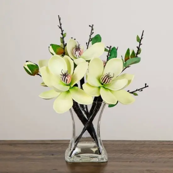 15" White Magnolia Arrangement with Glass Vase {8}