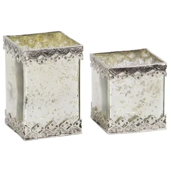 Set of 2 White Glass Glam Candle Holder, 6", 8" {1}