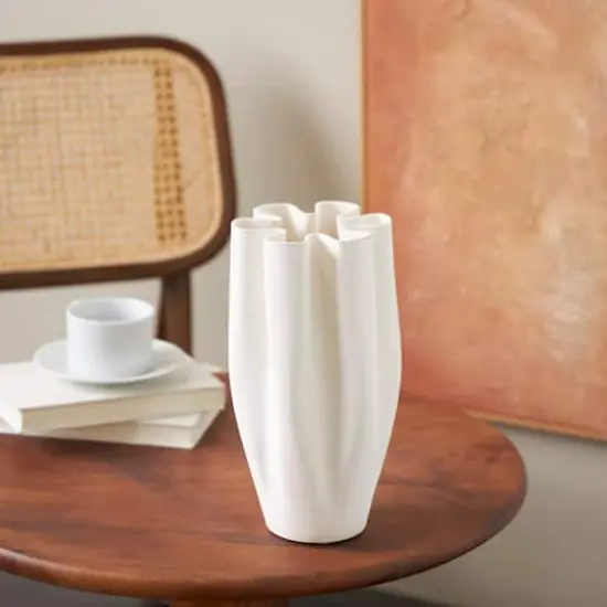 White Ceramic Abstract Ribbed Dimensional Folded Vase with Floral Shaped Rim {9}