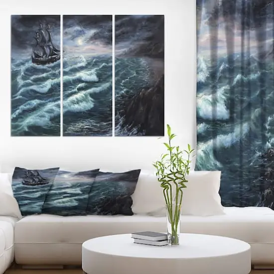 Designart - Pirate Ship Under Stormy Cloud - Sea & Shore Painting Print on Wrapped Canvas set {3}