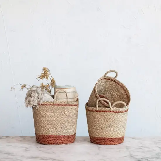 Hello Honey® Natural & Brown Striped Woven Seagrass Handled Nesting Basket Set {3}
