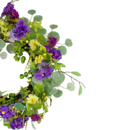 23" Purple & Yellow Eucalyptus & Hydrangea Floral Berry Spring Wreath {4}