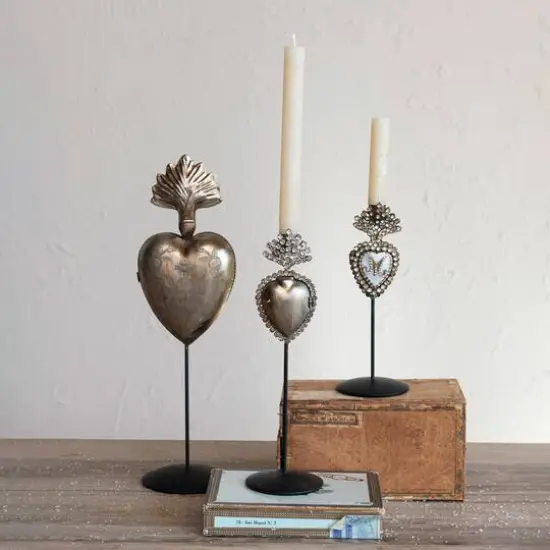Hello Honey&reg; 13" Black & Antique Silver Finish Tall Metal Sacred Heart Taper Candleholder with Jewels {3}