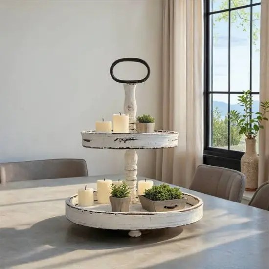 Hello Honey&reg; 18.5" Distressed Cream Wood 2-Tier Tray {17}