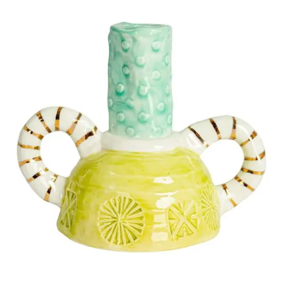 Hello Honey&reg; 5" Tall Multicolor Stoneware Taper Candle Holder with Dual Handles {8}