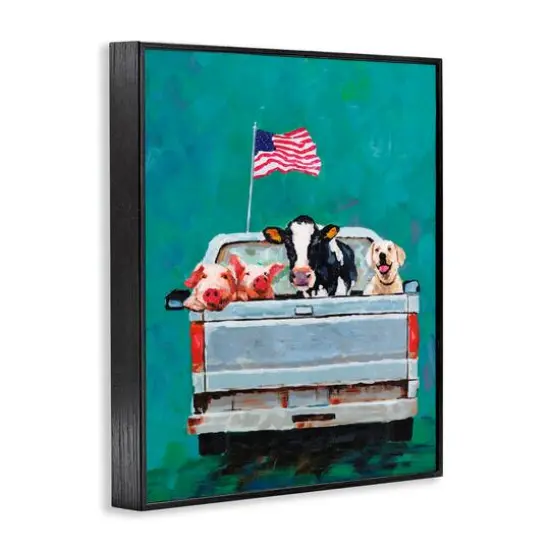 Stupell Industries Farm Animals Pickup Truck Waving American Flag Framed Giclee Art Black {4}