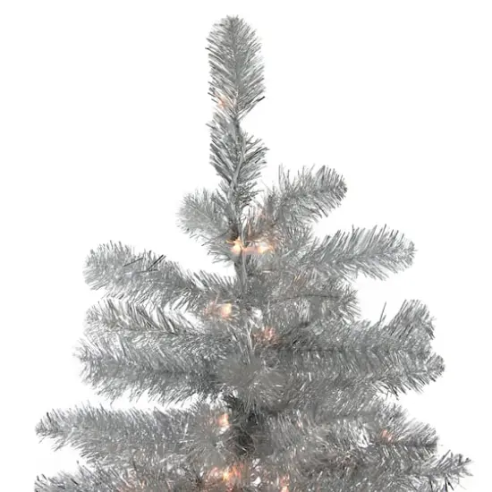 4.5ft. Pre-Lit Silver Metallic Tinsel Artificial Christmas Tree, Clear Lights {3}