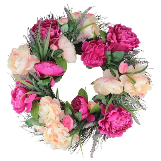 22" Pink Peony & Twig Spring Floral Wreath {1}