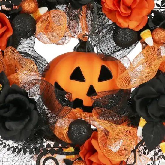 24" Orange & Black Jack-o'-Lantern & Roses Wreath by Ashland® {5}