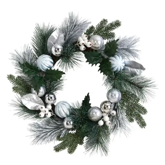 24" Pinecones & Berries Christmas Wreath with Silver Ornaments {1}