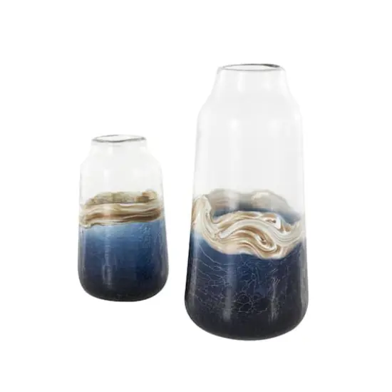 Dark Blue Glass Abstract Textured Swirl Decorative Vase Set with Gold & Cream Accents {4}