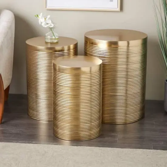 Gold Metal Metallic Ribbed Drum Accent Table Set {3}
