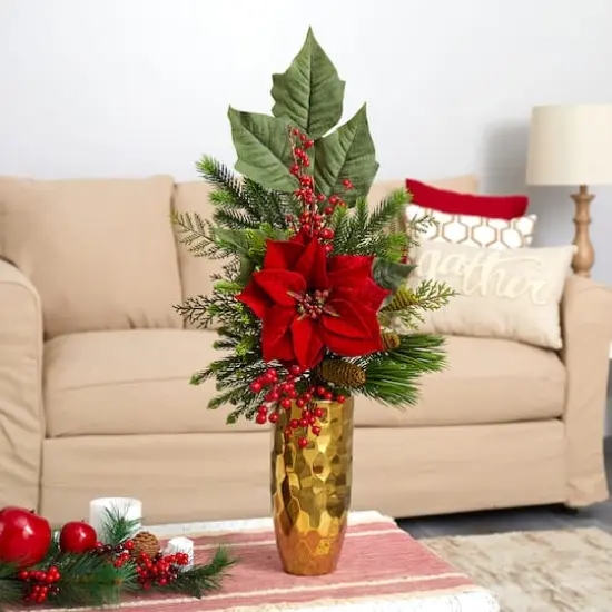 32" Poinsettia, Berries, Pine & Pinecone Arrangement in Gold Vase {4}