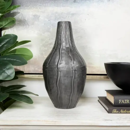 13" Black Metal Snakeskin Inspired Vase with Dimensional Wavy Accents {9}