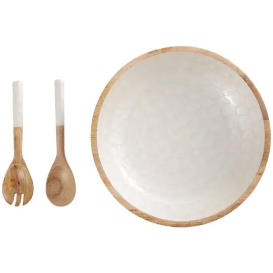 Mango Wood Decorative Bowl with Serving Utensils Set Cream {6}