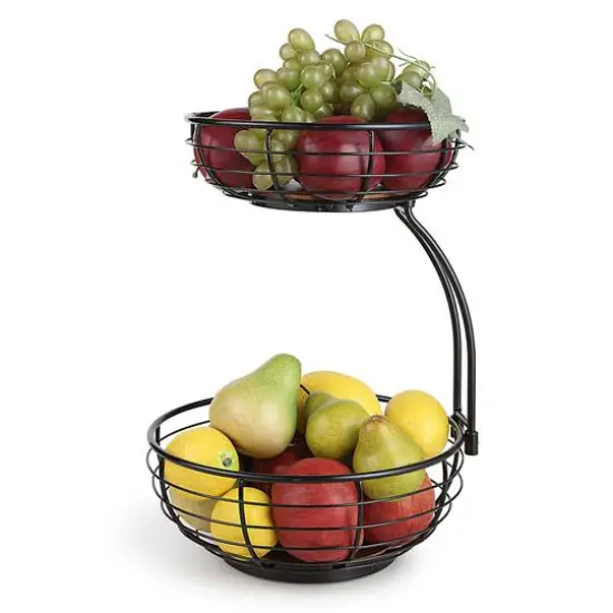 SunnyPoint Classic 2-Tier Wire Basket Bowl Stand with Wooden Base Black {1}