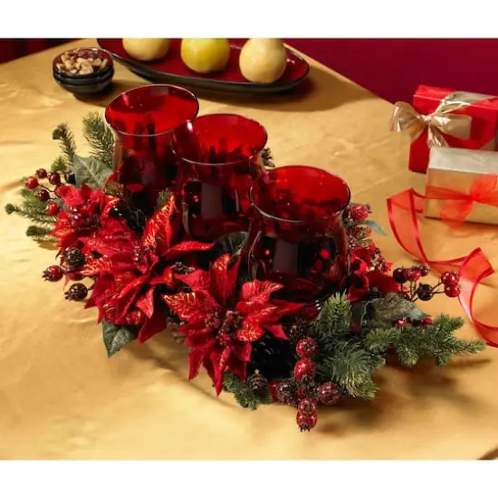 Poinsettia & Berry Triple Candelabrum Artificial Arrangement {6}
