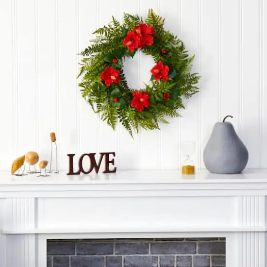 24" Mixed Fern & Hibiscus Artificial Wreath {4}