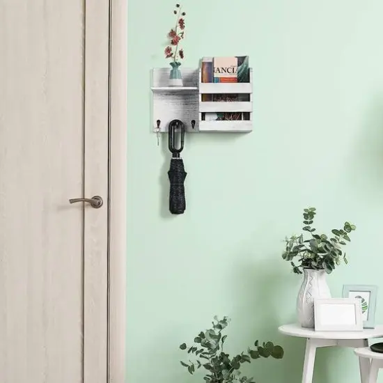 NEX&trade; Whitewash Vintage Wood Mail Shelf with 3 Key Hooks {6}