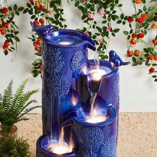 Glitzhome&reg; 31.75" Cobalt Blue 4-Tier Dandelion Texture Vase-Shaped Ceramic Outdoor Fountain with LED Light {4}