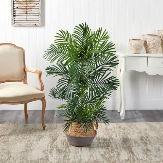 4ft. Areca Artificial Palm Tree in Boho Chic Handmade Cotton & Jute Gray Woven Planter UV Resistant (Indoor/Outdoor) {4}