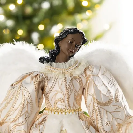 Glitzhome&reg; 24"H Faux Fur & PVC Christmas Elegant African American Angel Tree Topper {5}