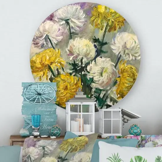 Designart - White and Golden Daisies - Traditional Metal Circle Wall Art {2}