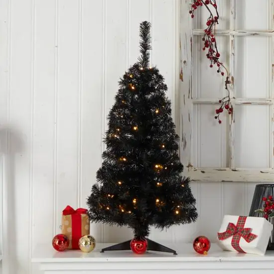 3ft. Pre-Lit Black Artificial Christmas Tree, Warm White LED Lights {8}