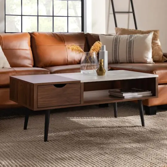 Dark Walnut Mid Century Modern Faux Marble Coffee Table {3}