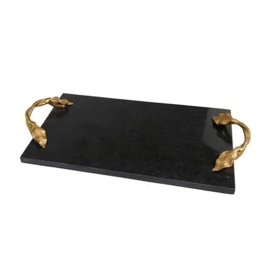 20.5" Black Marble Rectangular Tray with Gold Leaf Handles {1}