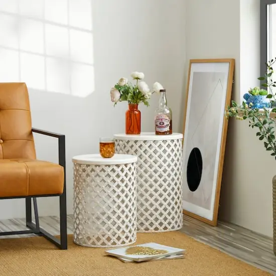 Glitzhome&reg; Multi-Functional Metal White Garden Stool Set {4}