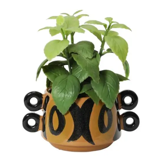 8" Brown and Black Hand Painted Stoneware Planter with Handles {6}