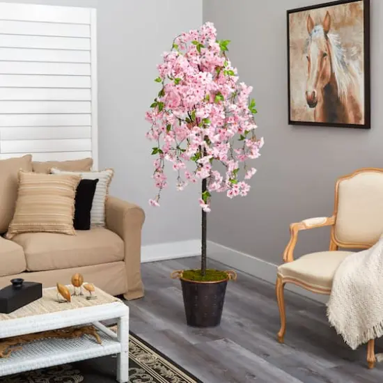 6ft. Cherry Blossom Artificial Tree in Decorative Metal Pail with Rope {5}