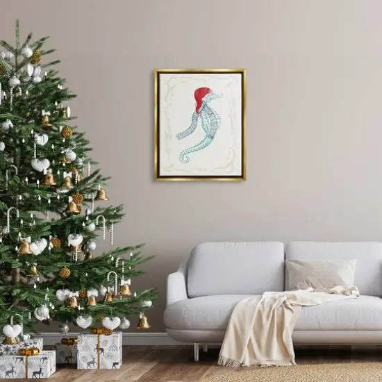 Stupell Industries Coastal Christmas Seahorse Santa Framed Floater Canvas Wall Art Gold {3}