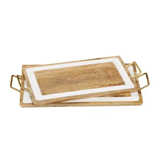 White & Brown Mango Wood Modern Tray Set {1}