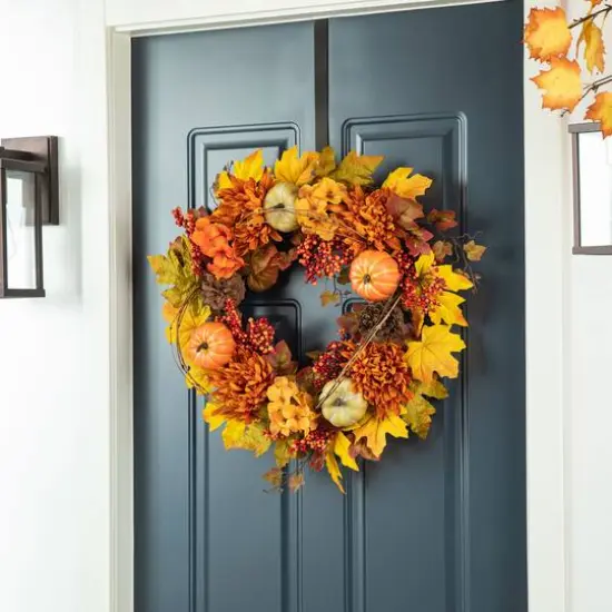 Glitzhome&reg; 24" Fall Dahlia, Pumpkin, Leaf & Berry Wreath {12}
