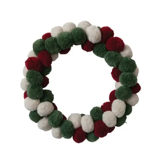 Hello Honey® 18" Red, Green & Cream Color Round Wool Pom Pom Wreath {1}
