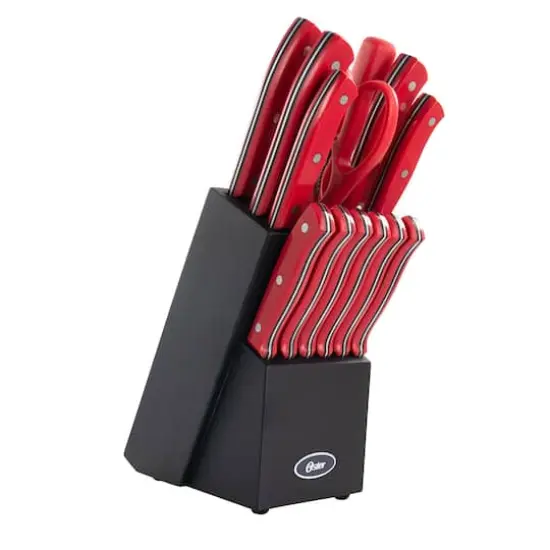 Oster Steffen 14-Piece Red Stainless Steel Cutlery Set with Hardwood Storage Block {1}