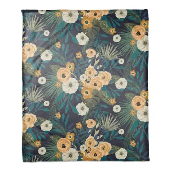 Tropical Floral Coral Fleece Blanket Navy {1}