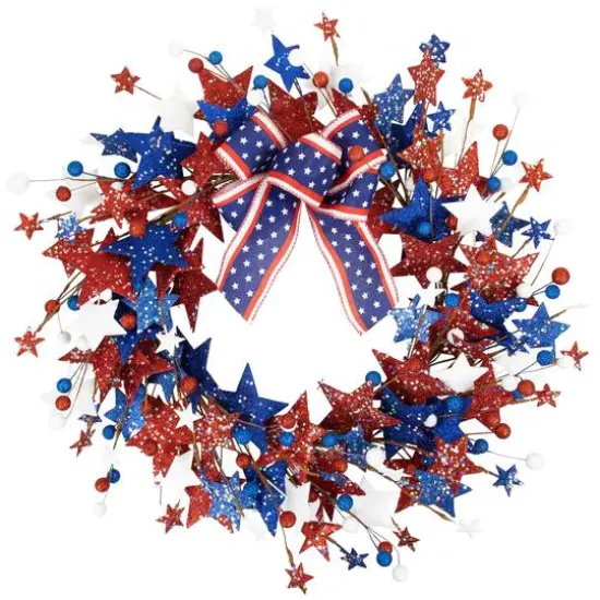 24" Stars & Stripes Glittered Patriotic Artificial Twig Wreath {1}
