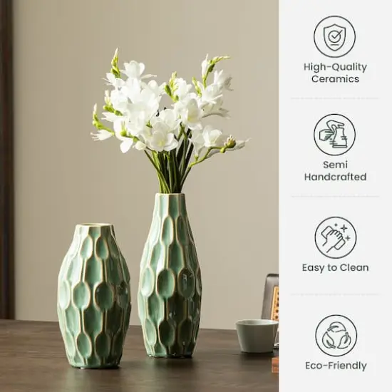 Glitzhome&reg; Geometric Green Ceramic Modern Vase Set {3}