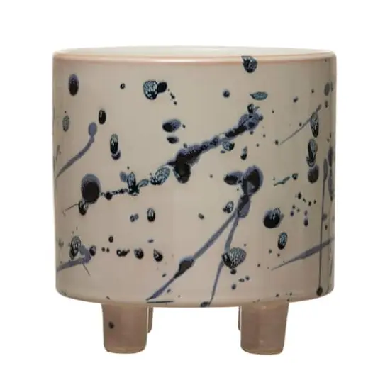 Hello Honey&reg; 6" White & Blue Splatter Design Stoneware Footed Planter {1}