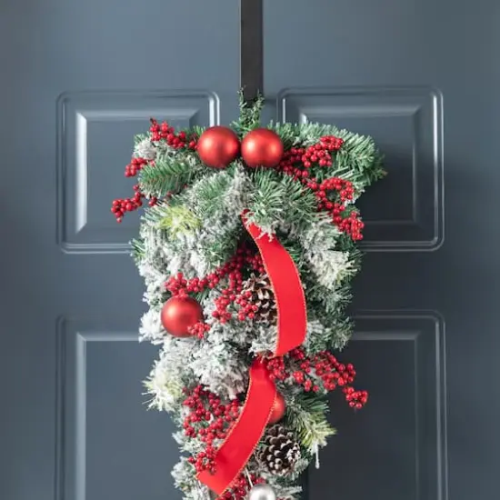 Glitzhome&reg; 25" Flocked Berry, Ornament & Pinecone Ribbon Teardrop {5}
