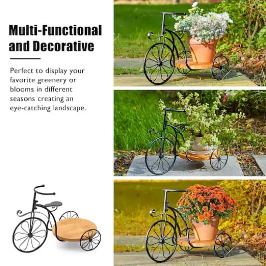 Glitzhome&reg; 18" Black Metal Tricycle Planter Stand with Solid Wood Tray {5}