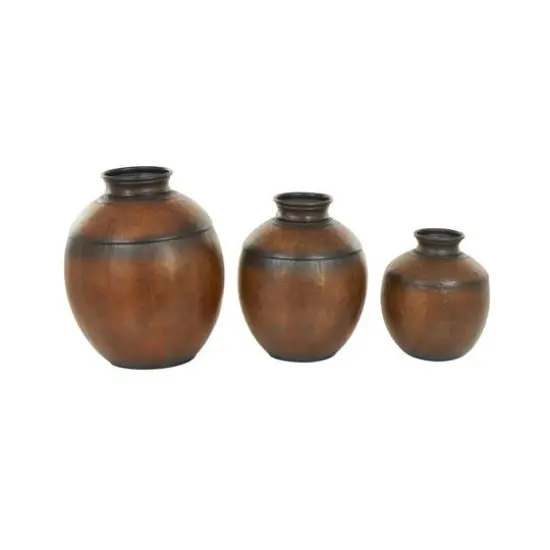 Brown Metal Antique Style Round Pot Floor Vase Set {7}