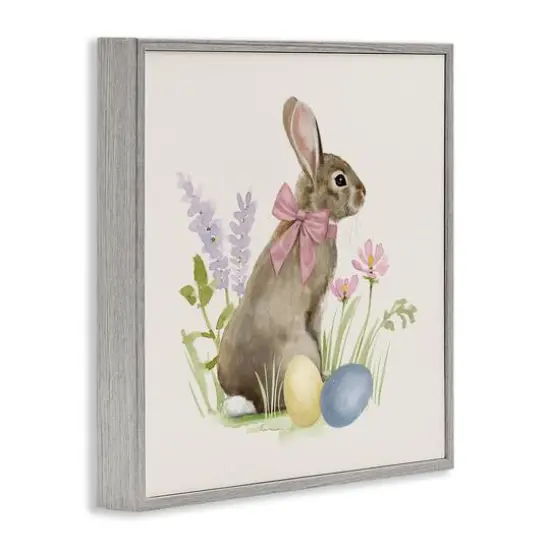 Stupell Industries Easter Bunny Rabbit Bow Spring Flowers & Eggs Framed Giclee Art Gray {4}
