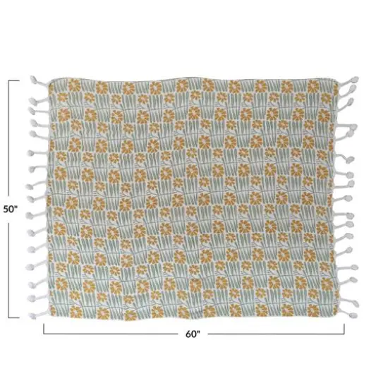Hello Honey&reg; Woven Recycled Cotton Blend Printed Throw with Flowers and Braided Pom Pom Tassels, Sage and Mustard {3}
