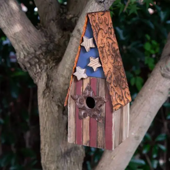Glitzhome&reg; Distressed Wood & Metal Patriotic Bird House with Stars {9}