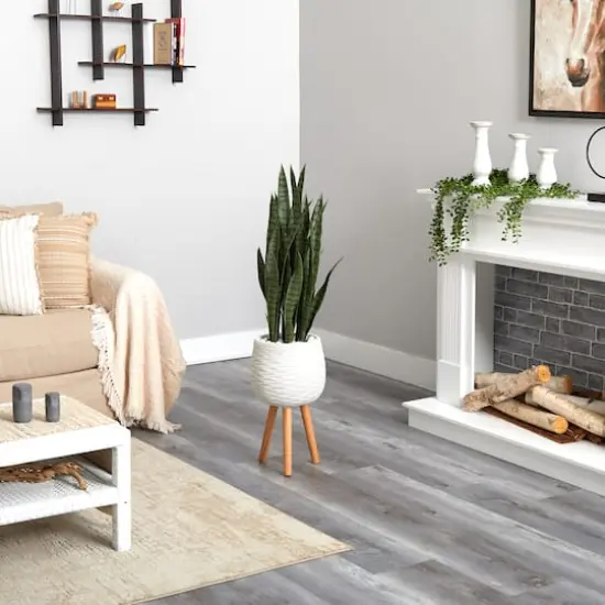 46" Sansevieria Plant in White Planter with Stand {5}