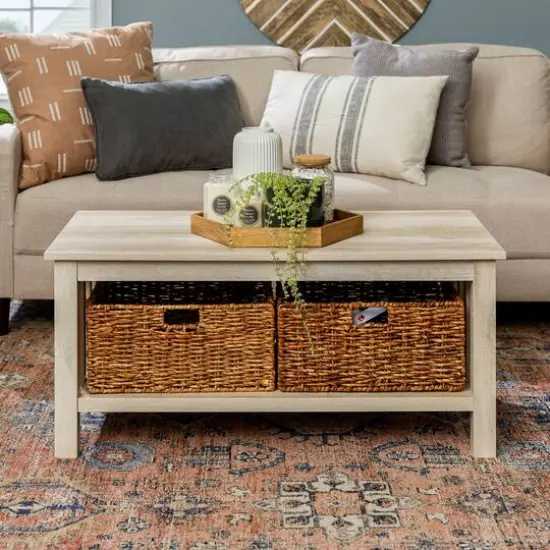 Walker Edison 40" White Oak Mission Storage Coffee Table with Baskets {6}